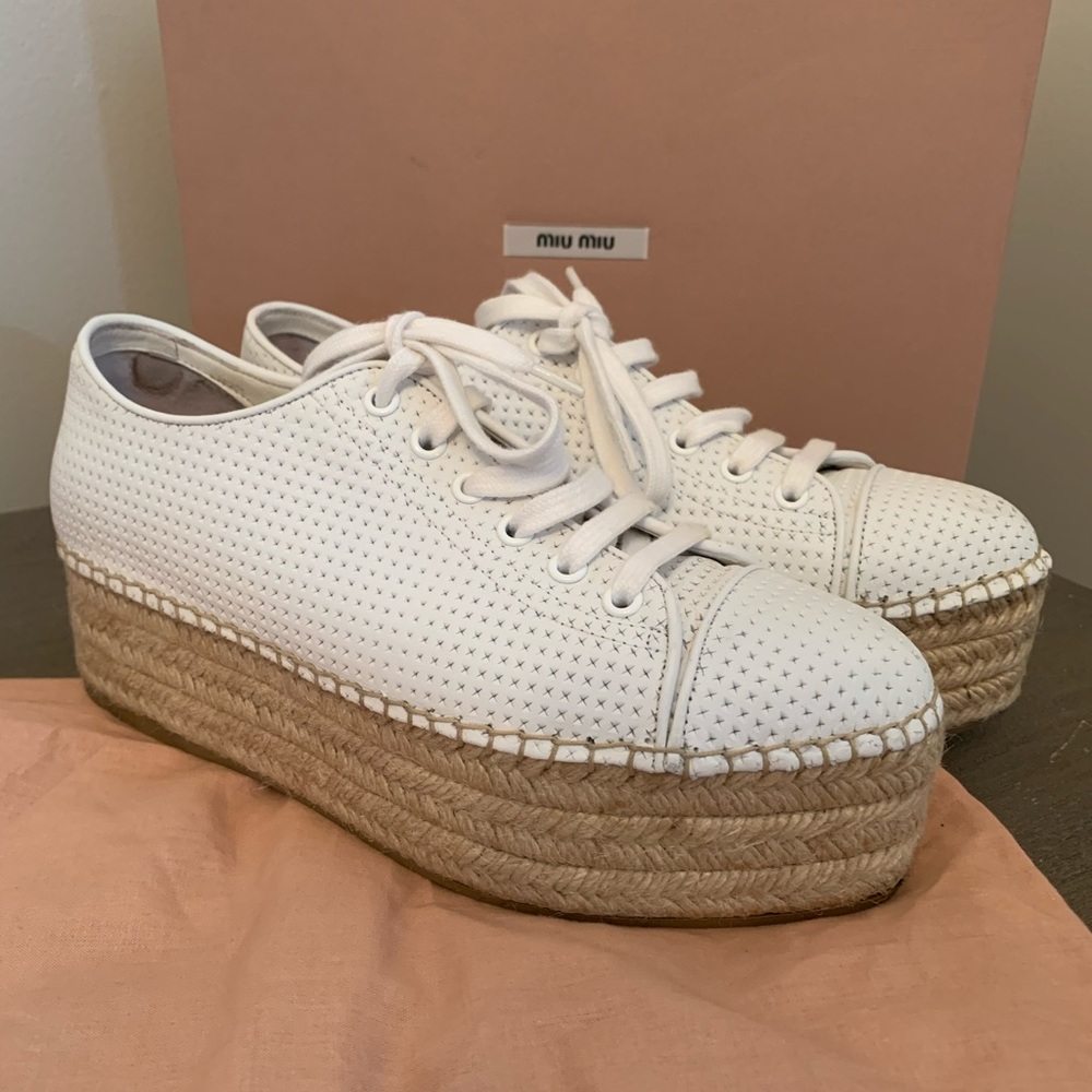 Miu Miu white leather perforated platform sneakers